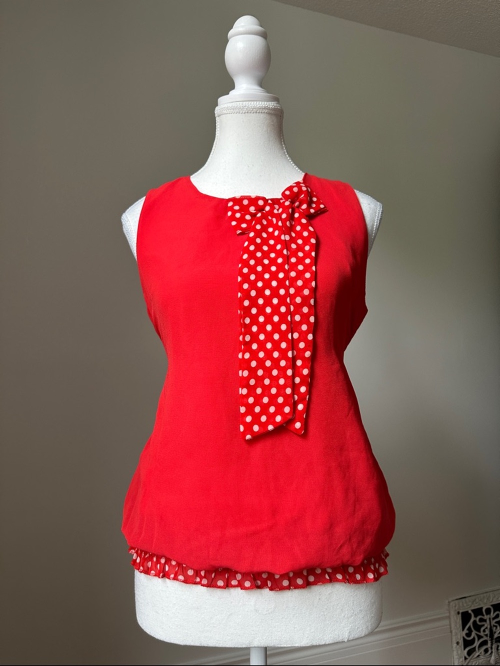 PINK SHADOW Y2K Red Preppy Retro Polka Dot Bow Tie Back Banded Blouse Medium